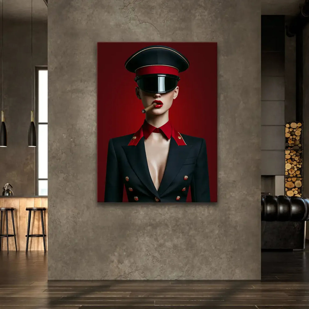 Bold red lips clutching a lit cigar against a deep red backdrop