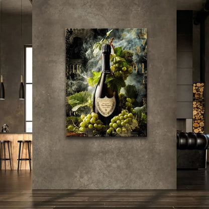 Dom Pérignon bottle surrounded by grape bunches in a luxurious wall art scene
