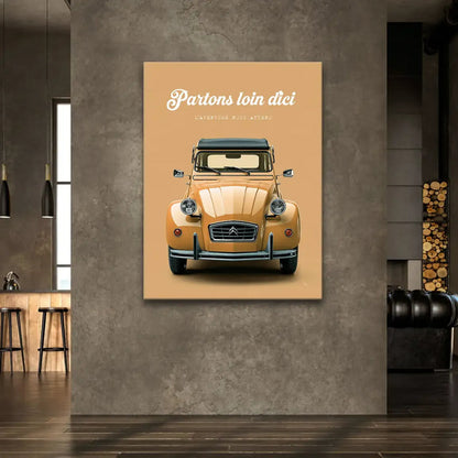 Retro wall art of a classic Citroen 2CV journey scene with travel-inspired design