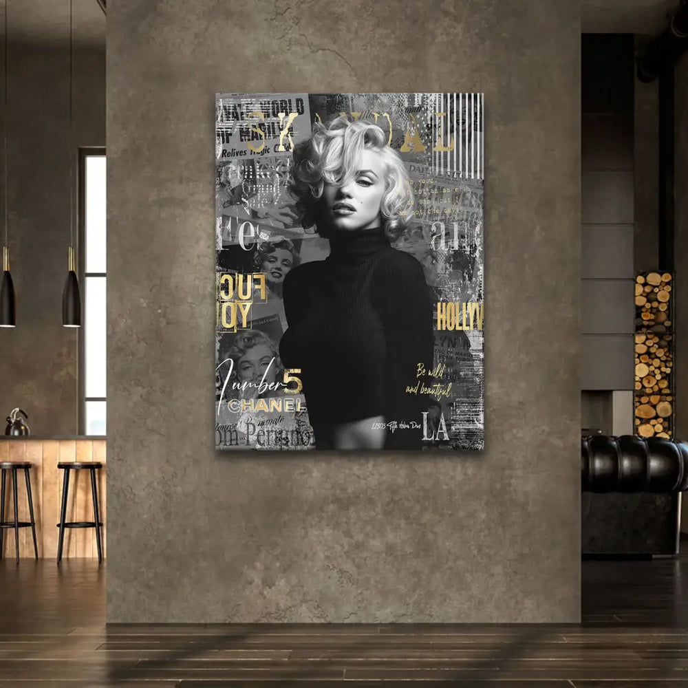 Monroe portrait layered with newspaper clippings in a modern collage style