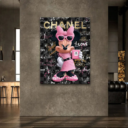 Dark checkered backdrop with graffiti text on a contemporary Minnie Mouse wall piece.