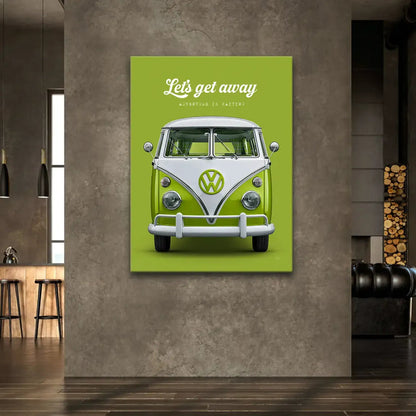 Bold white typography on lime-green wall art reading Lets Get Away and Adventure Is Waiting