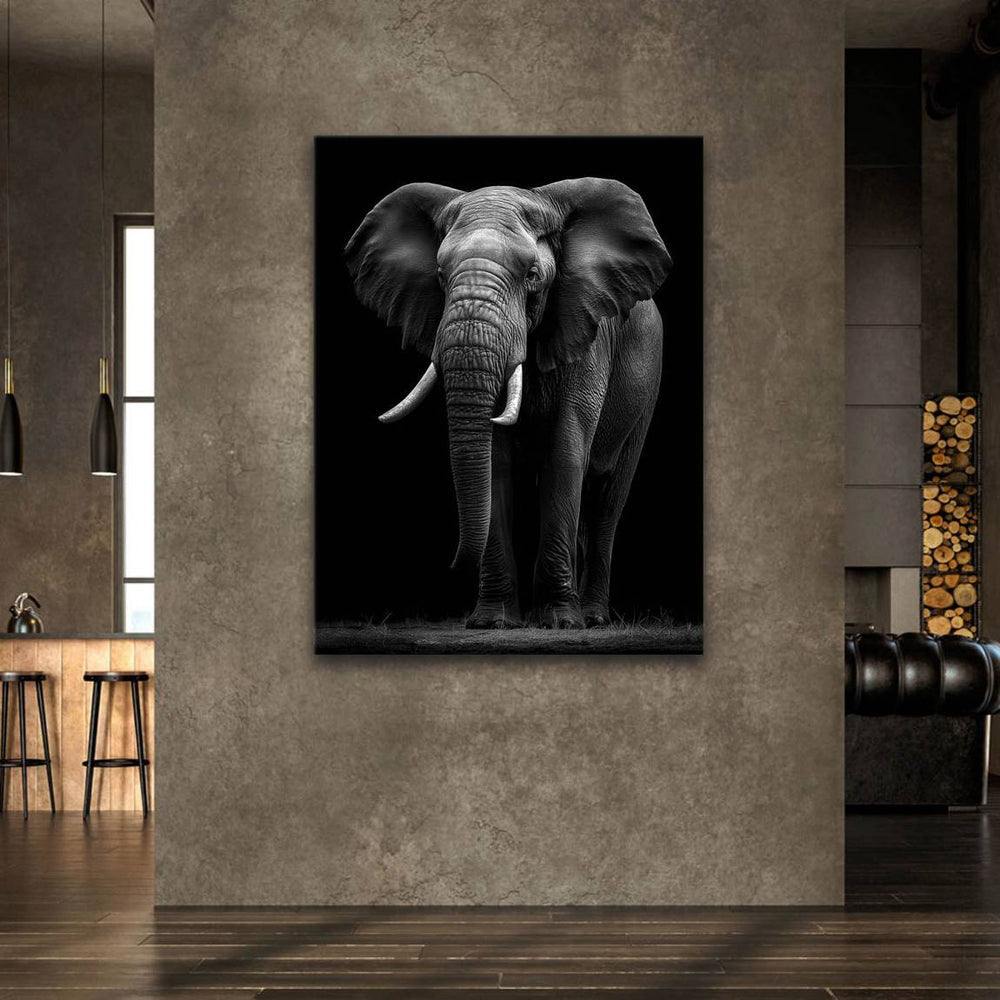 High-contrast wall art highlighting textured elephant skin and tusks