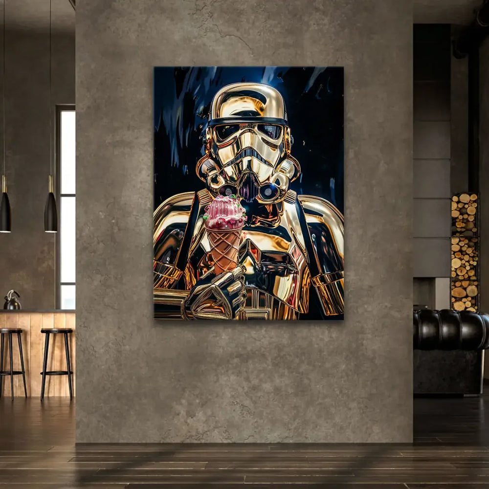 Pop art style Stormtrooper wall art with a bright pink ice cream cone