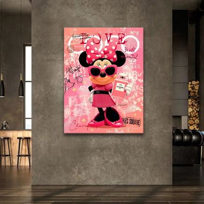 Minnie Mouse chic portrait with luxury brand references in a vibrant graffiti setting