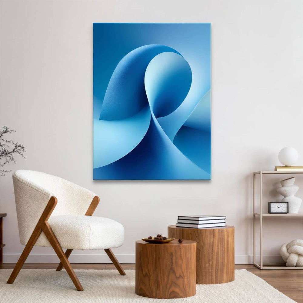 Close-up of interwoven blue ribbons forming a wave-like pattern on canvas