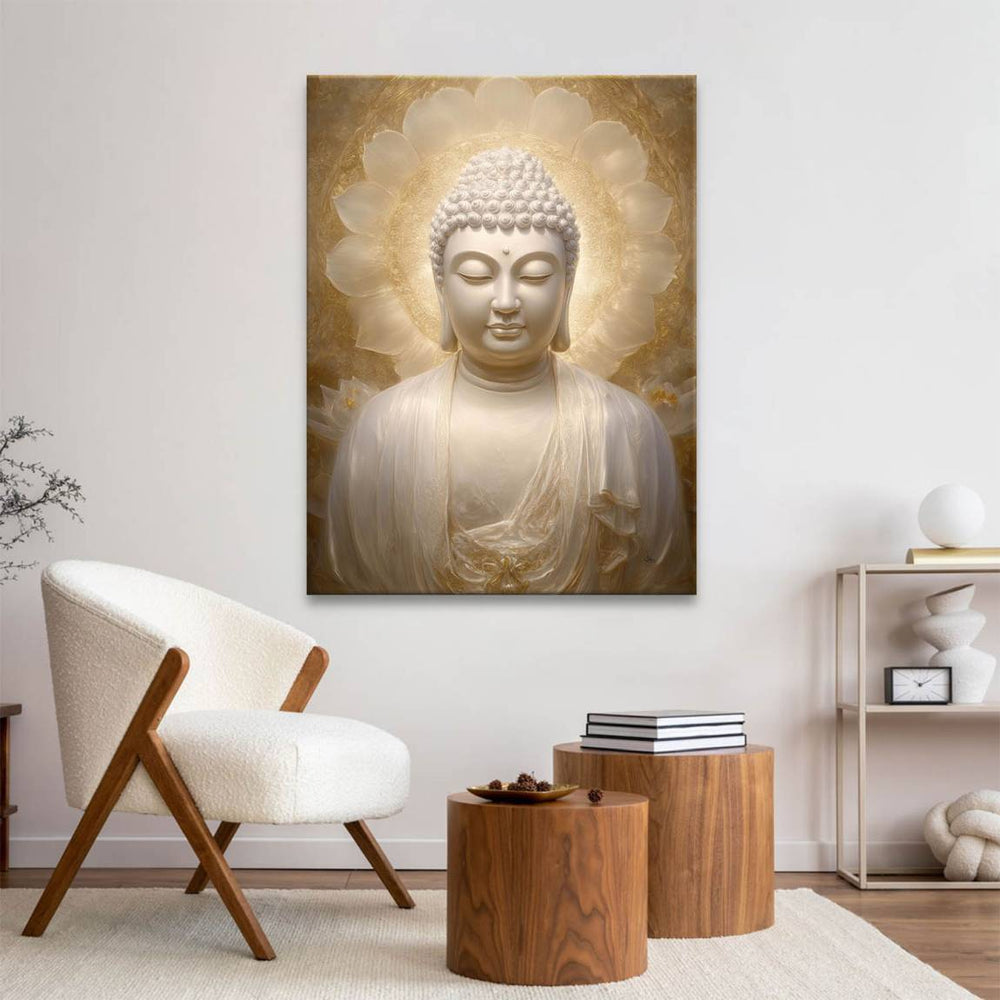 Minimalist composition blending traditional Buddhist imagery with modern art on canvas.