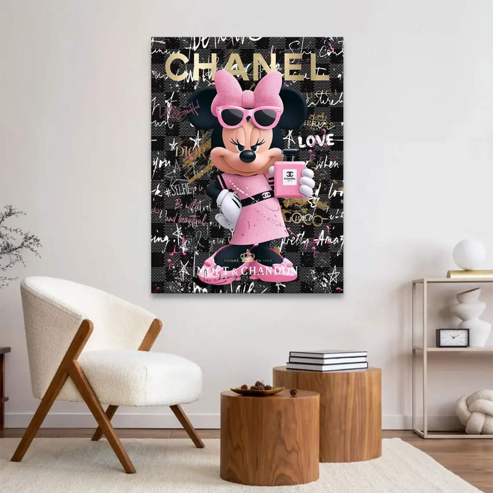 Bright paint splatters across a pink, black, and gold fashion canvas.