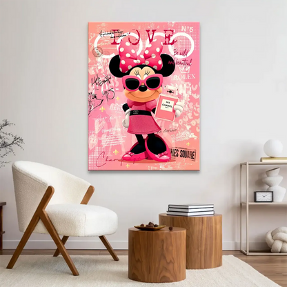Pink graffiti backdrop featuring fashion-forward Minnie Mouse on a canvas wall art