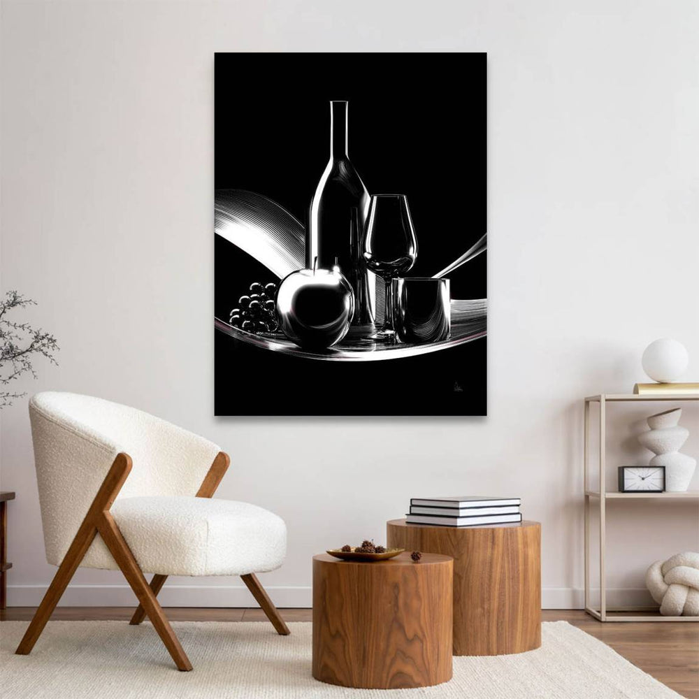 Shiny metallic apple reflection featured in the monochrome still life composition
