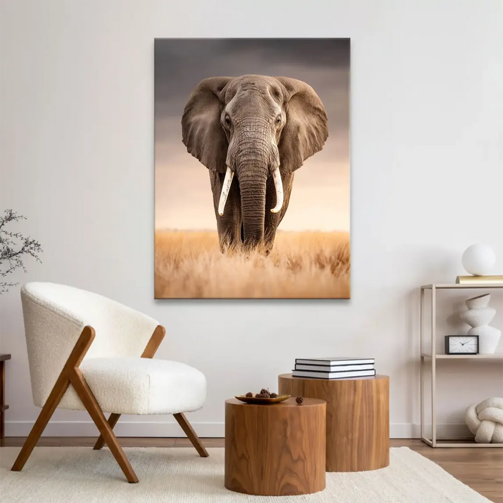 Wide landscape showing elephant with tall grasses and dramatic storm clouds