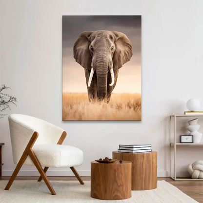 Wide landscape showing elephant with tall grasses and dramatic storm clouds