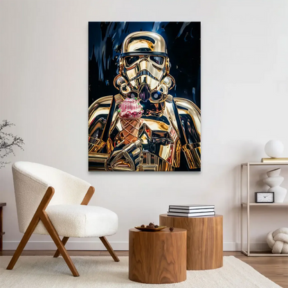 Gleaming gold Stormtrooper figure with dessert in hand
