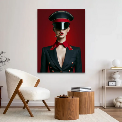 Military-inspired fashion art with gold detailing in a contemporary canvas print