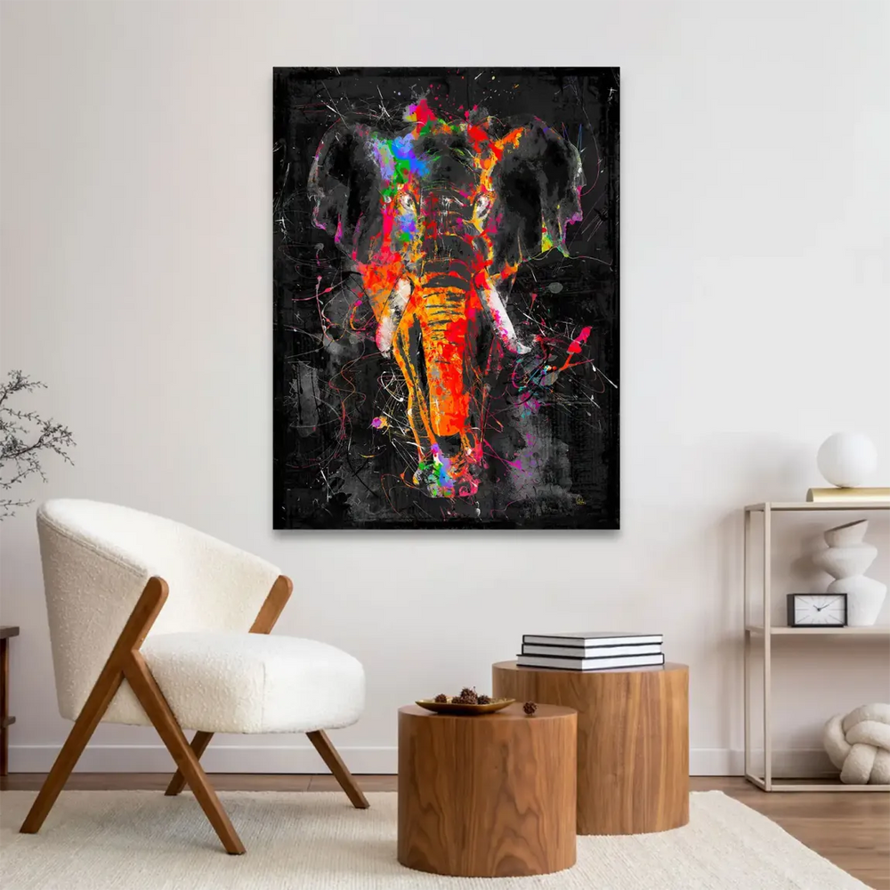 Bold contemporary elephant wall art forming a powerful focal point.