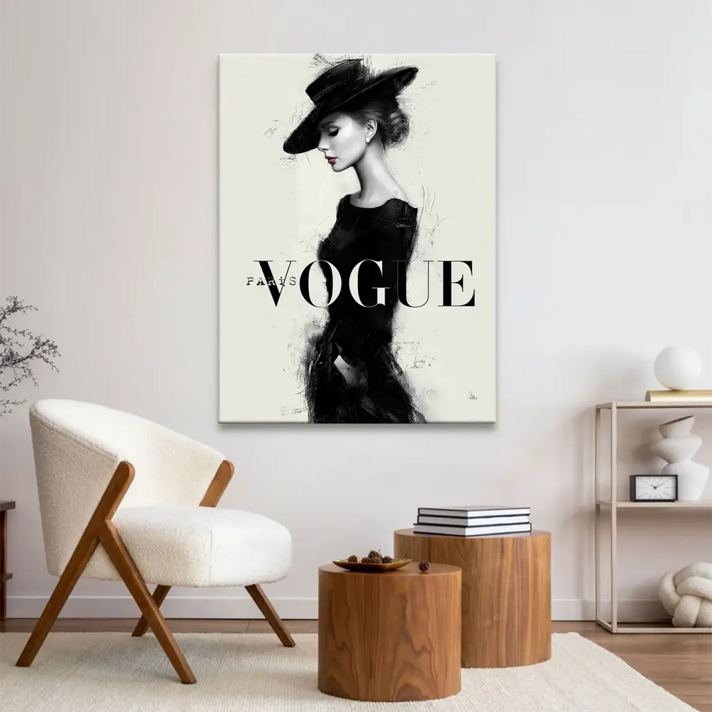 Canvas art featuring Vogue Paris typography beneath the portrait