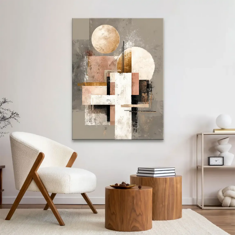 Modern geometric wall art with blush pink, black, white, and earthy tones