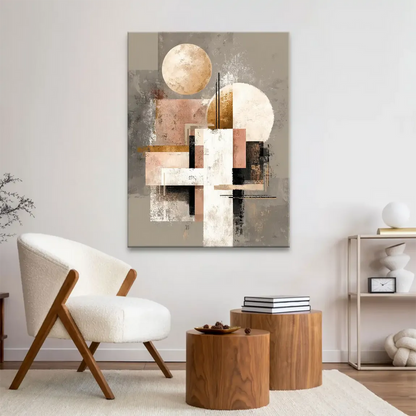 Modern geometric wall art with blush pink, black, white, and earthy tones