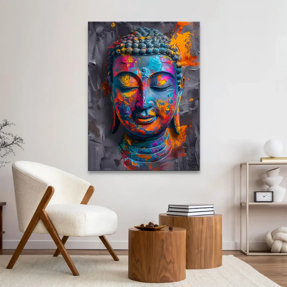 Vibrant Buddha color poetry canvas art with abstract expressionist and pop art elements.