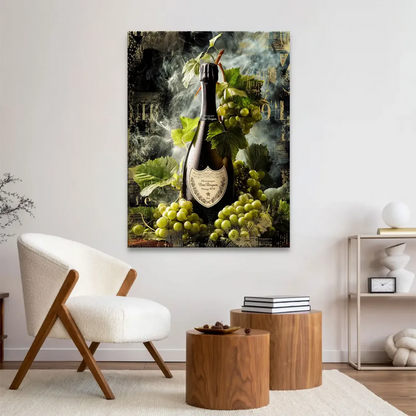 Industrial-chic style canvas wall art featuring champagne and grapes