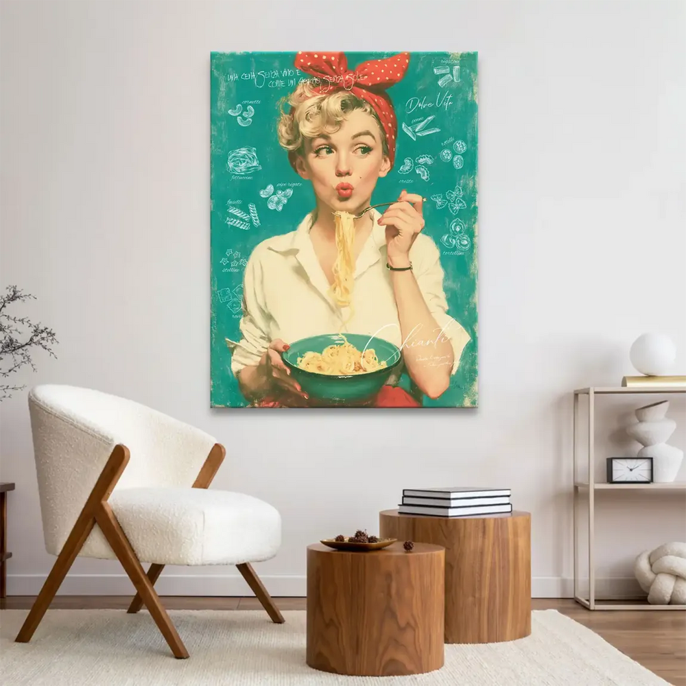 Retro kitchen wall decor with pop-culture icon and pasta flair.