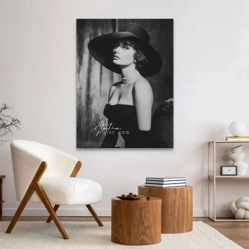 Vintage-style black-and-white photography-inspired canvas art of Sophia Loren