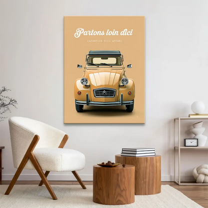 Illustration-like Citroen 2CV canvas print evokes mid-century automotive charm