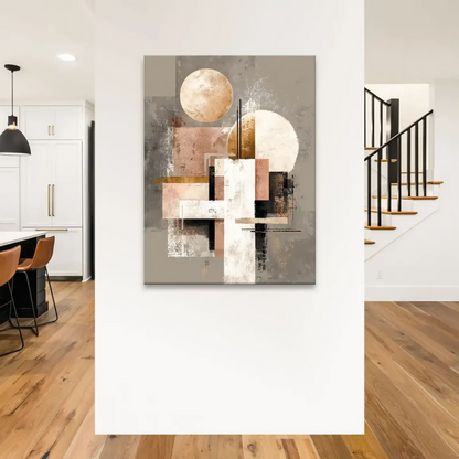 Architectural-style canvas artwork with gold accents and neutral palette