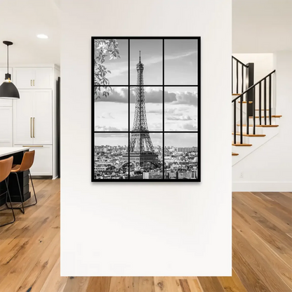 Monochrome Paris cityscape featuring the Eiffel Tower against dramatic clouds in a nine-panel grid.