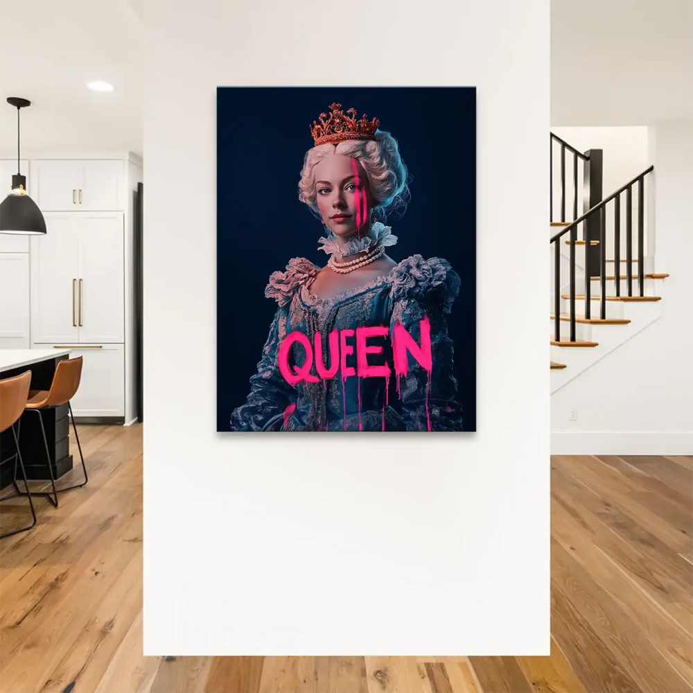 Blue gown and gold crown in neon queen canvas art