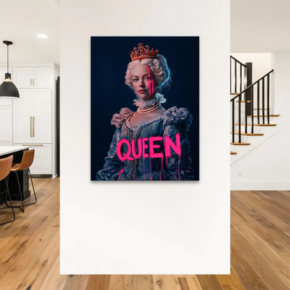 Blue gown and gold crown in neon queen canvas art