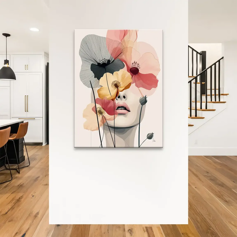 Delicate line work and overlapping petals in modern wall art