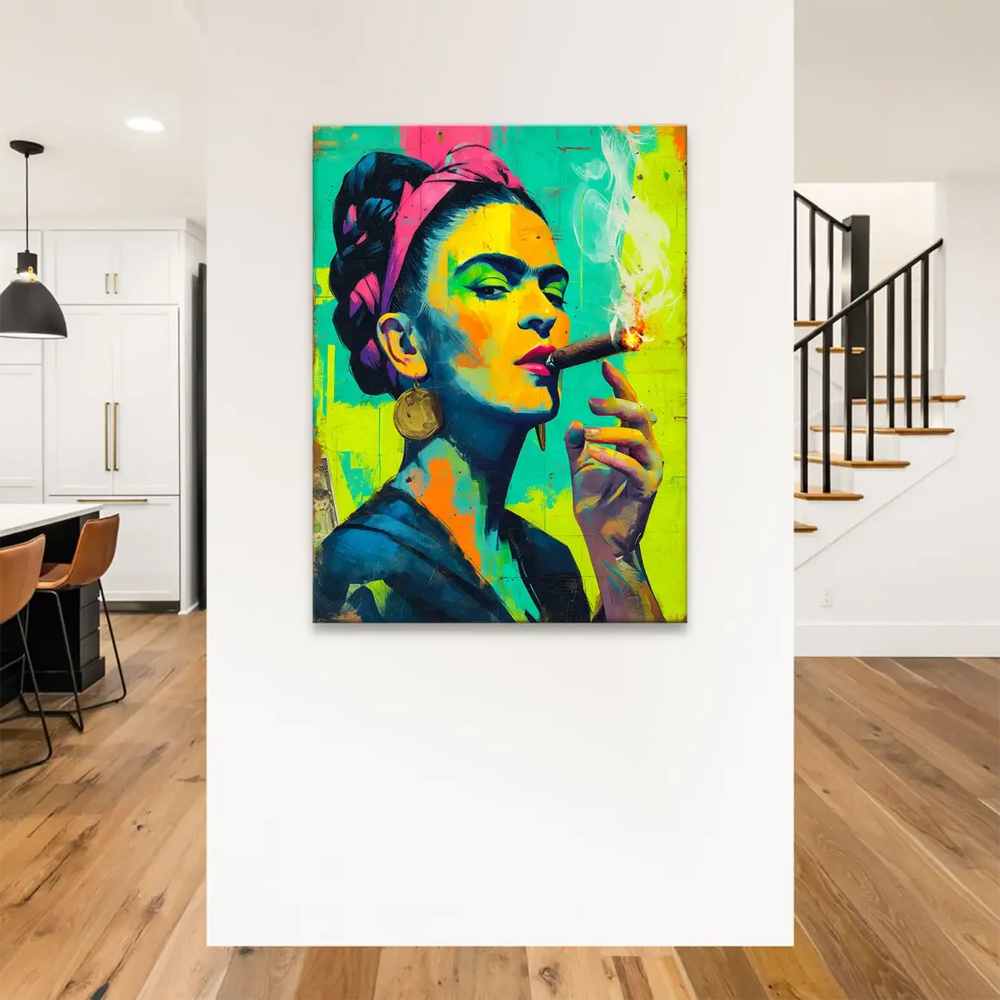 Close-up of bright color splashes and textured brushwork in Frida Smoke Queen canvas print