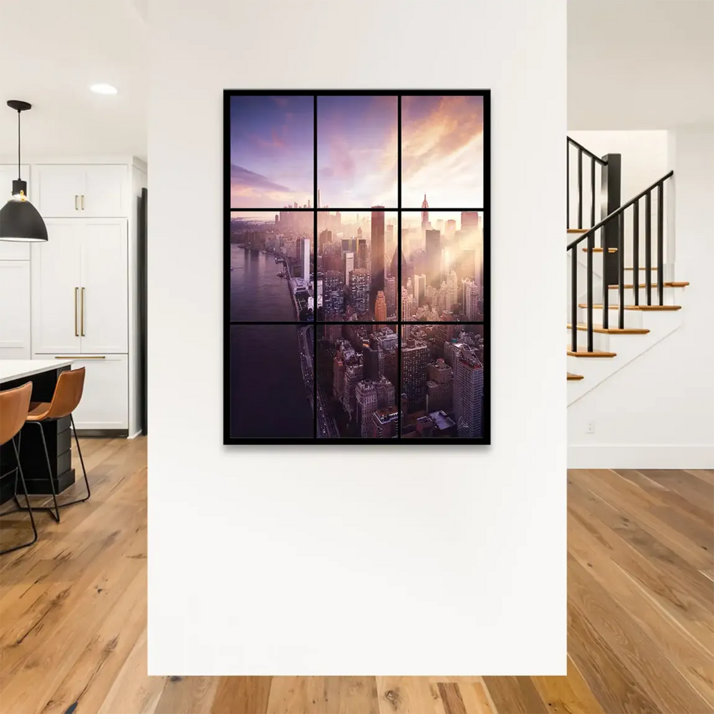Seven-panel canvas print arranged in a window-like grid framing the city