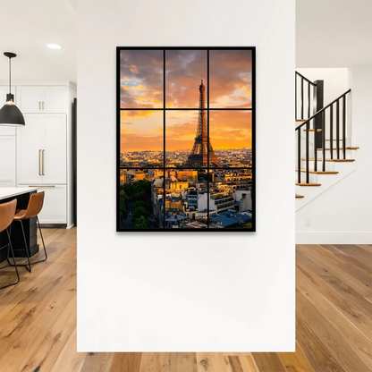 Paris skyline bathed in warm orange and yellow sunset hues.