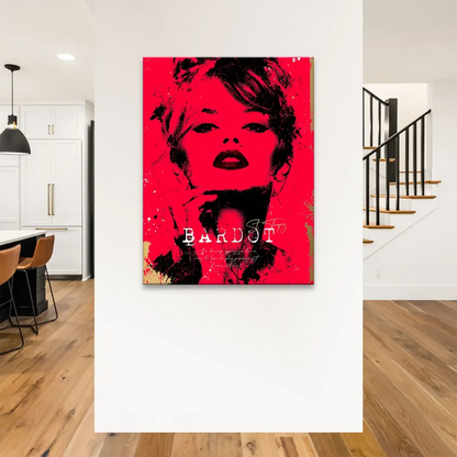 Bottom text Bardot and St Tropez on red art canvas