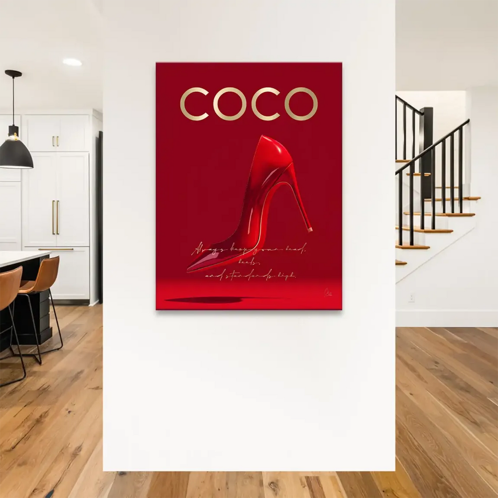 Minimalist fashion wall art featuring a single red heel