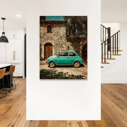 Wooden door and arched window accent the rustic Italian facade with the teal car in foreground.