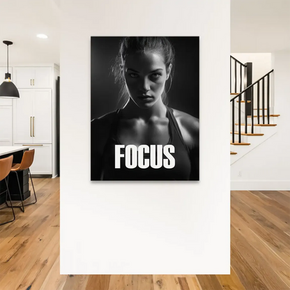 Industrial-style motivational canvas print showing a strong female athlete ready to train.
