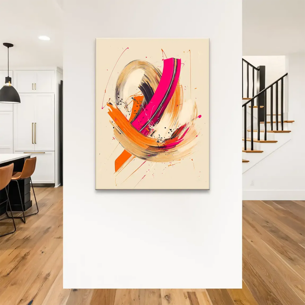 Modern wall art: vivid pink and orange abstract canvas with dark strokes.