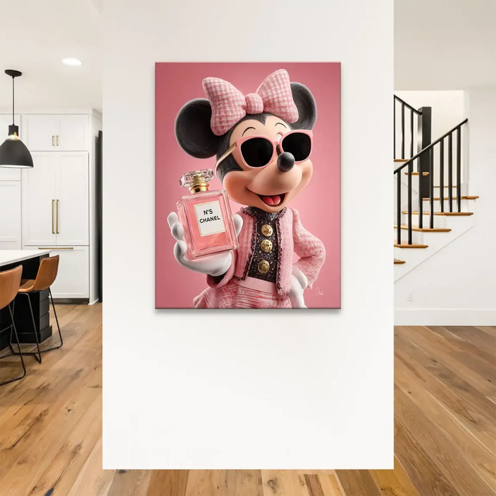Minnie with pink sunglasses and plaid bow holding pink Chanel No. 5 bottle