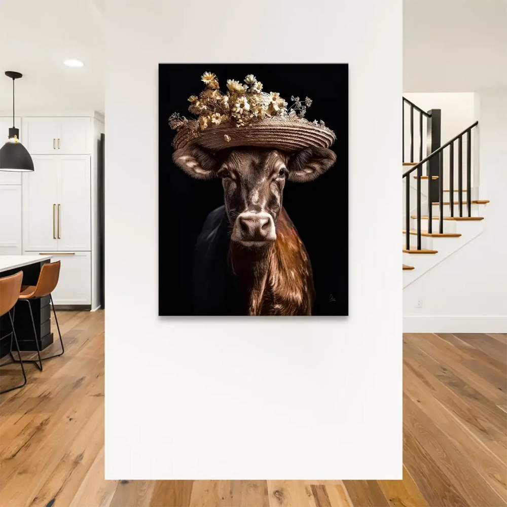 Front-facing cow portrait with warm brown tones against a dramatic dark backdrop