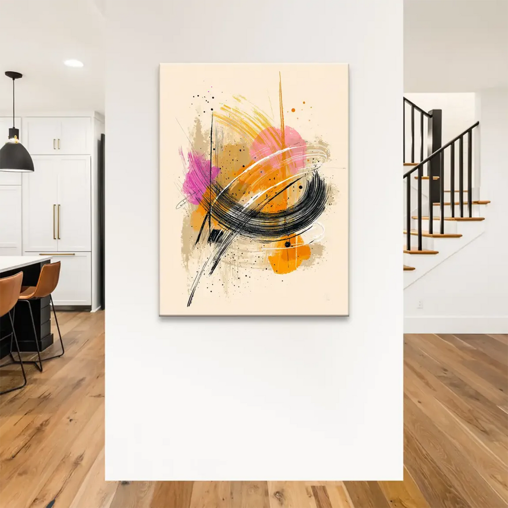 Gestural brushwork and textured paint forming a swirling abstract composition