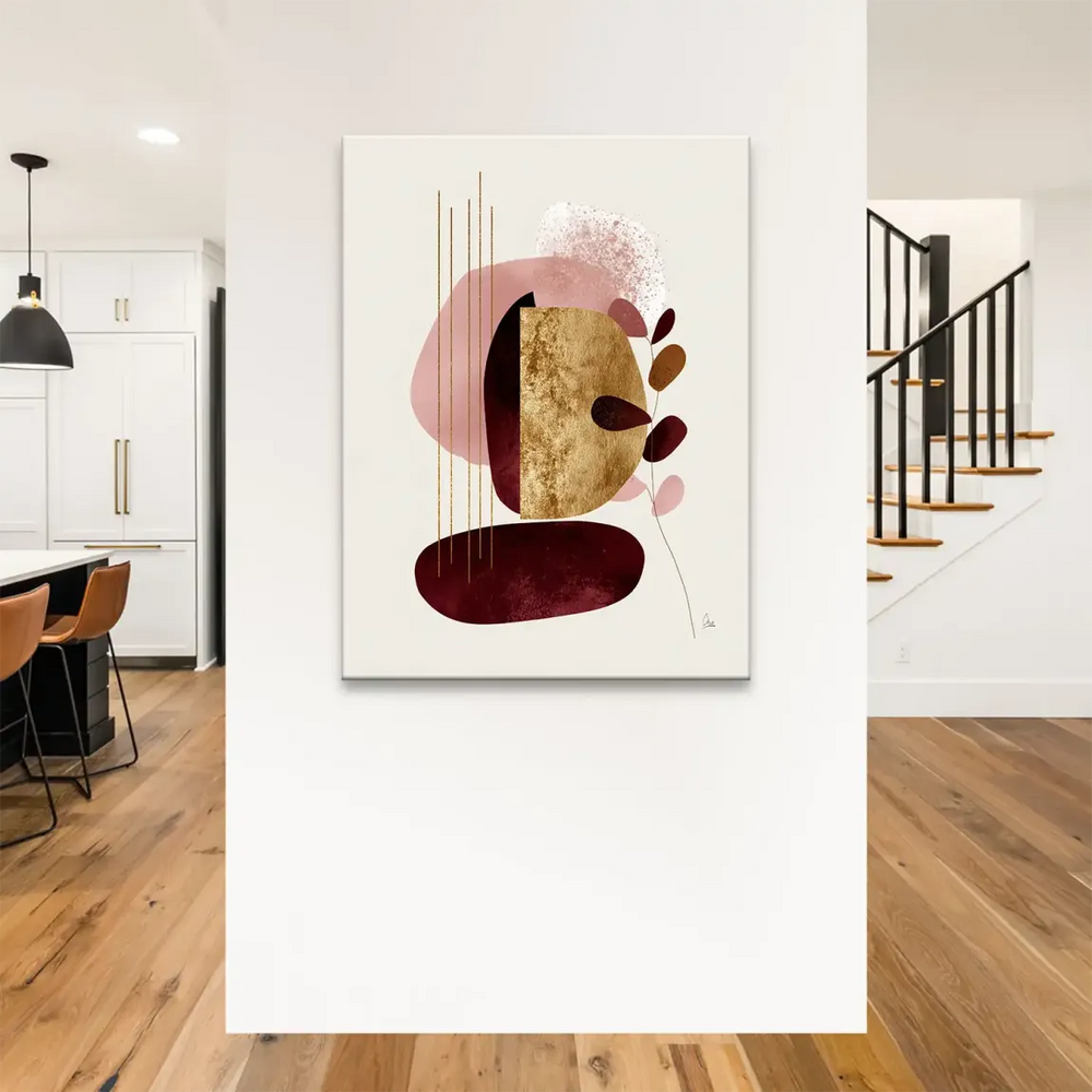 Vertical shimmering gold lines over modern abstract shapes with a delicate leaf motif