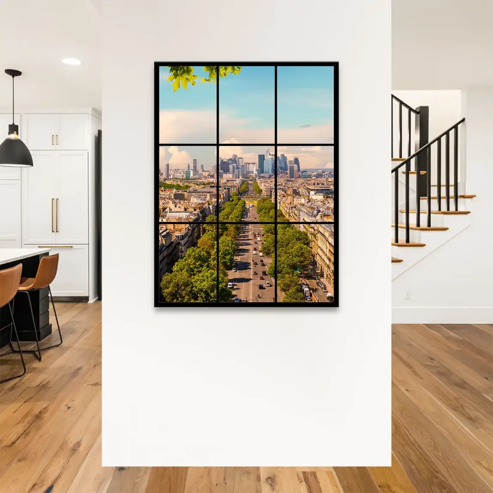 Parisian avenue leading toward a modern skyline with lush trees and warm buildings