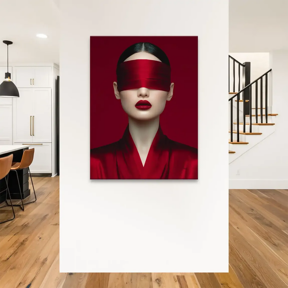 Bold red lips and pale skin in a minimalist canvas