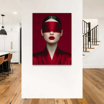 Bold red lips and pale skin in a minimalist canvas