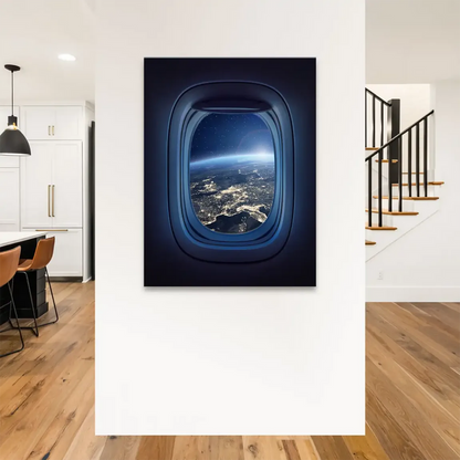City lights along Earth's curve framed by a plane window at night