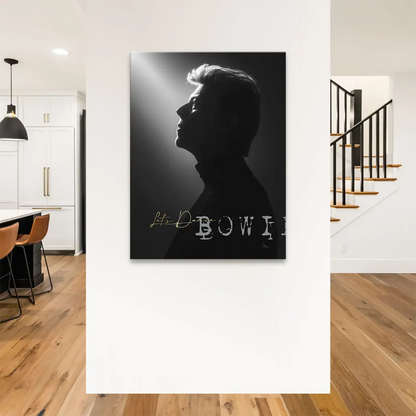 High-contrast Bowie portrait against a grayscale background