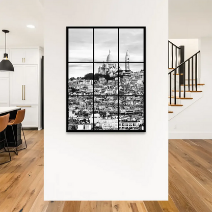 Modern grid-framed wall art featuring Montmartre skyline and architectural details